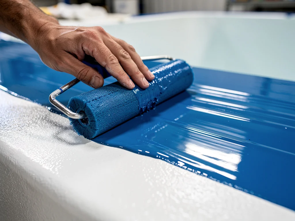 Application au rouleau d'une résine gelcoat sur une coque de piscine