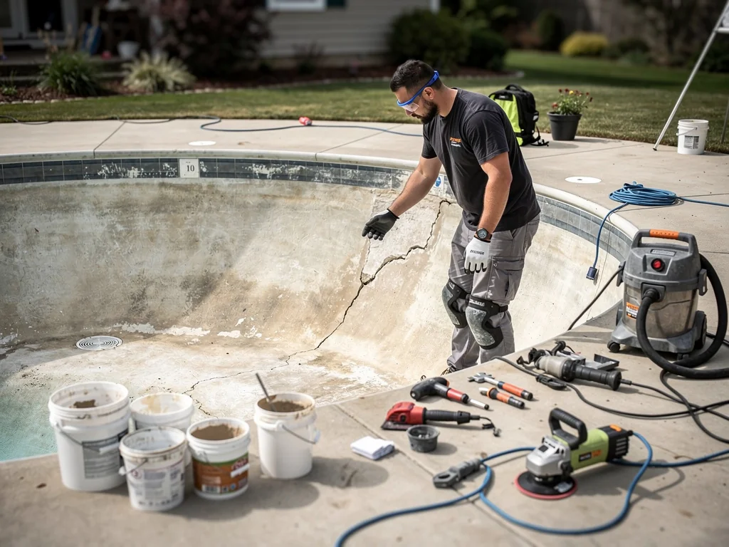 Coque de piscine vidangée et préparée avant réparation structurelle